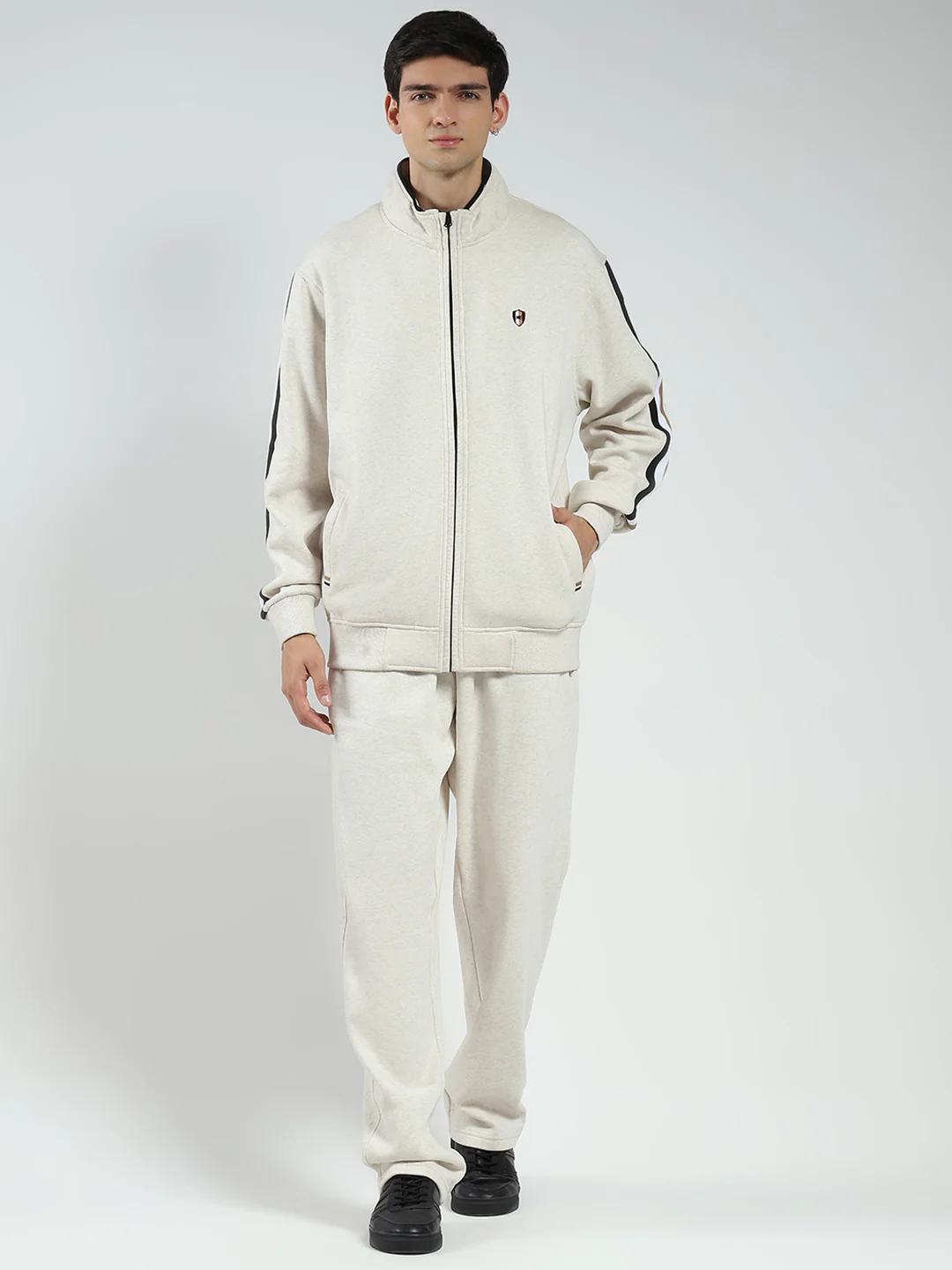 Men Beige Solid Mock Neck Full Sleeve Winter Tracksuit