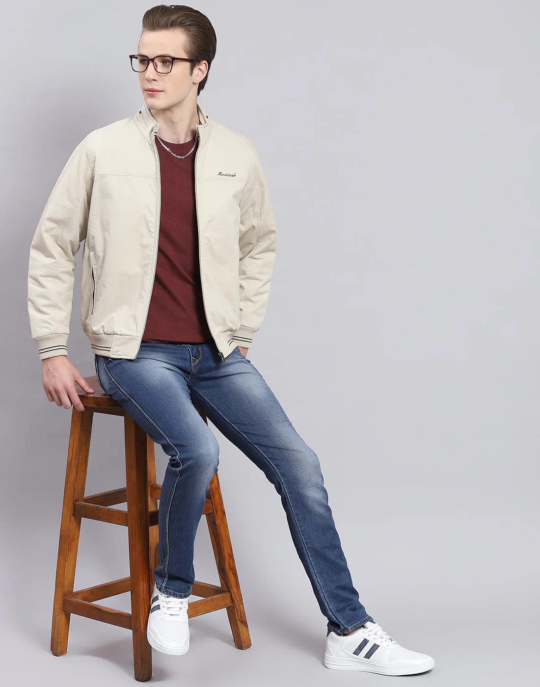 Men Beige Solid Stand Collar Full Sleeve Jacket