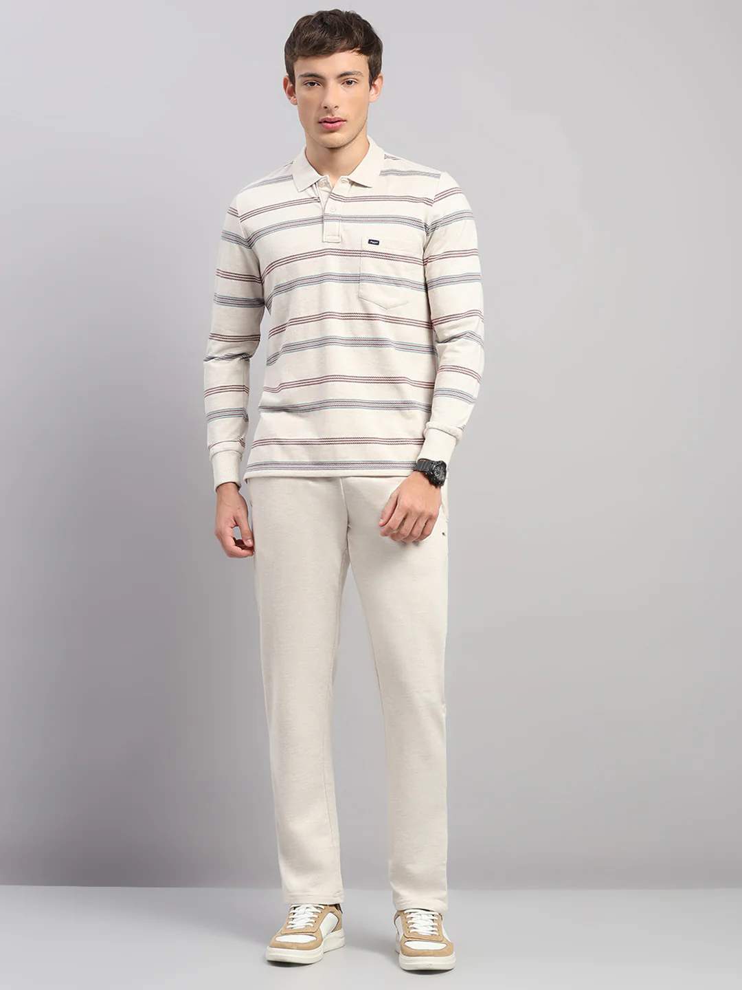 Men Beige Stripe Collar Full Sleeve Winter Tracksuit