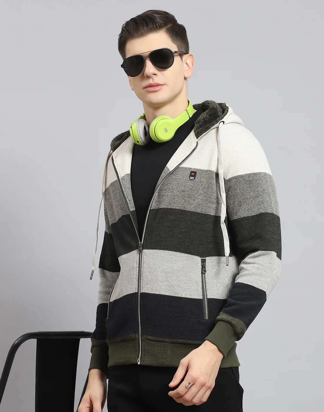 Men Beige Stripe Hooded Full Sleeve Sweatshirt - Image 2