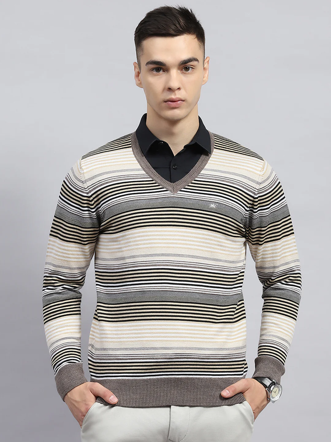 Men Beige Stripe V Neck Full Sleeve Pullover