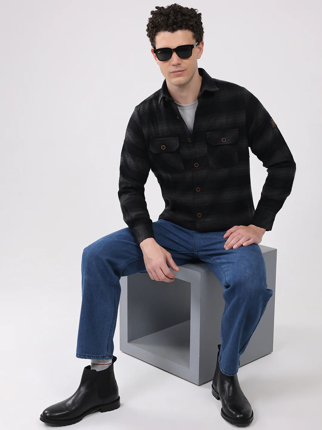 Men Black Check Collar Full Sleeve Shirt - Image 2