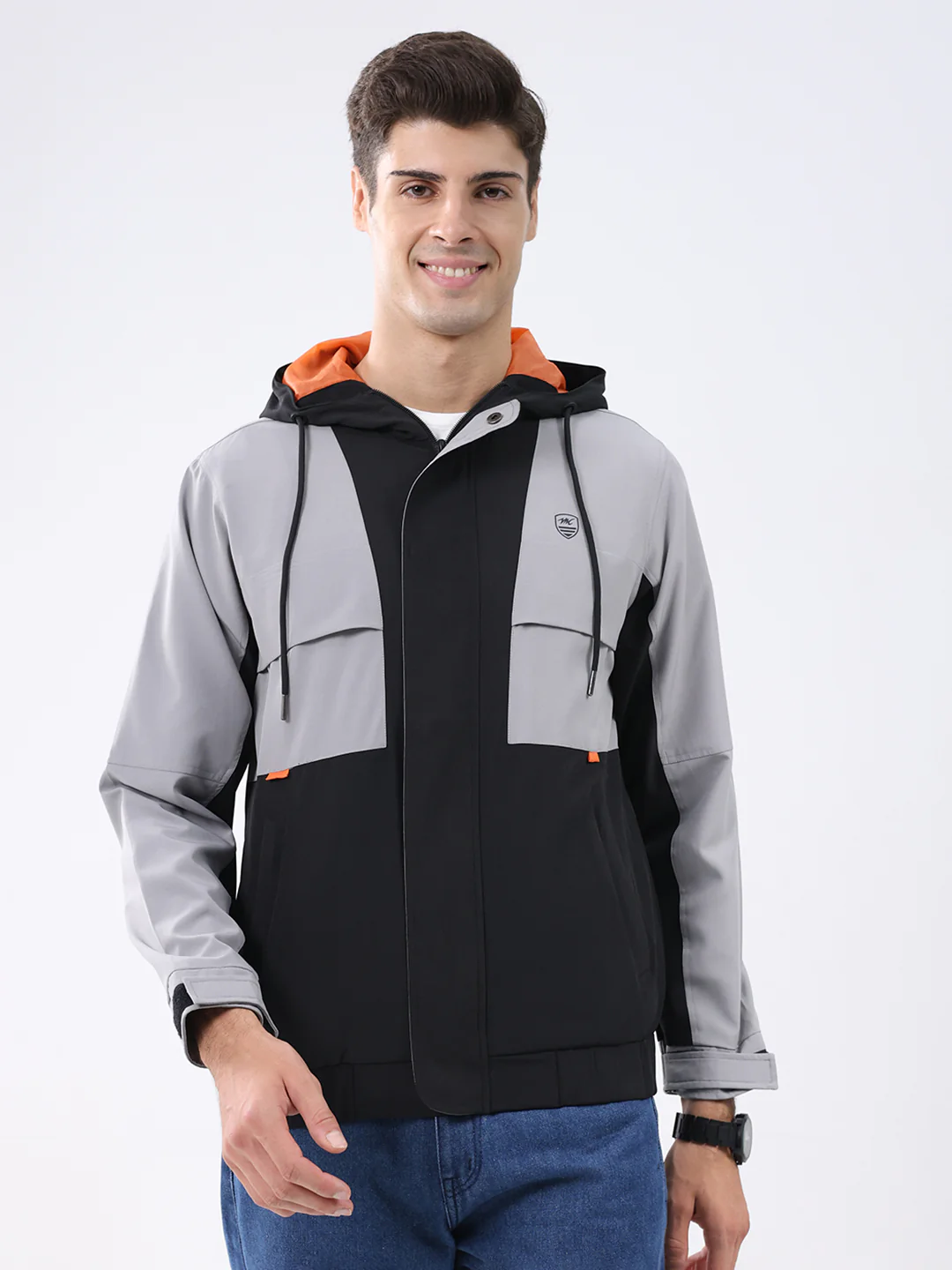 Men Black Colourblocked Hooded Full Sleeve Jacket