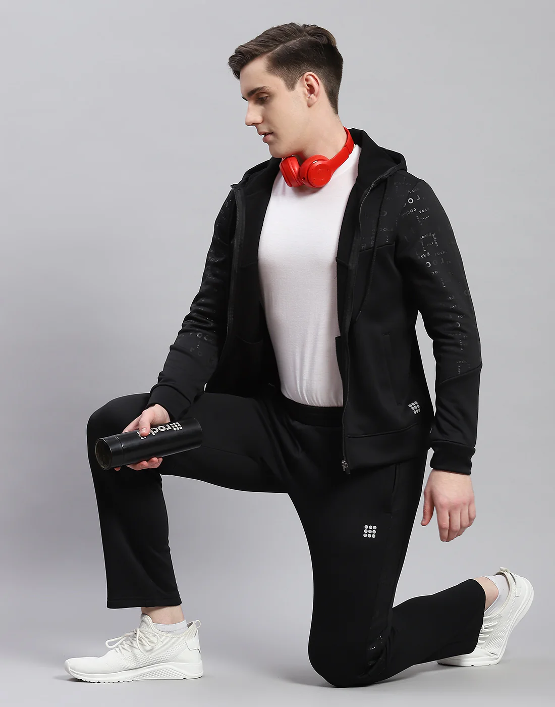 Rock.it Men Black Printed Hooded Full Sleeve Tracksuit