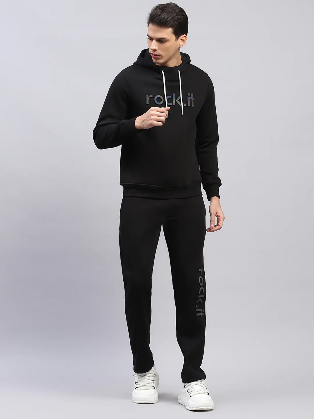 Rock.it Men Black Printed Hooded Full Sleeve Winter Tracksuit