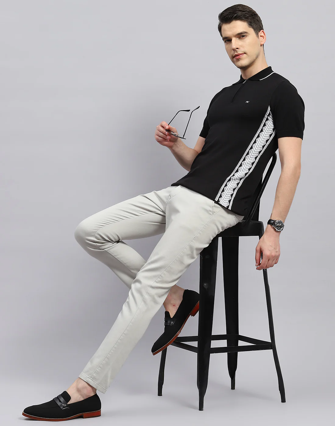 Men Black Printed Polo Collar Half Sleeve T-Shirt - Image 2