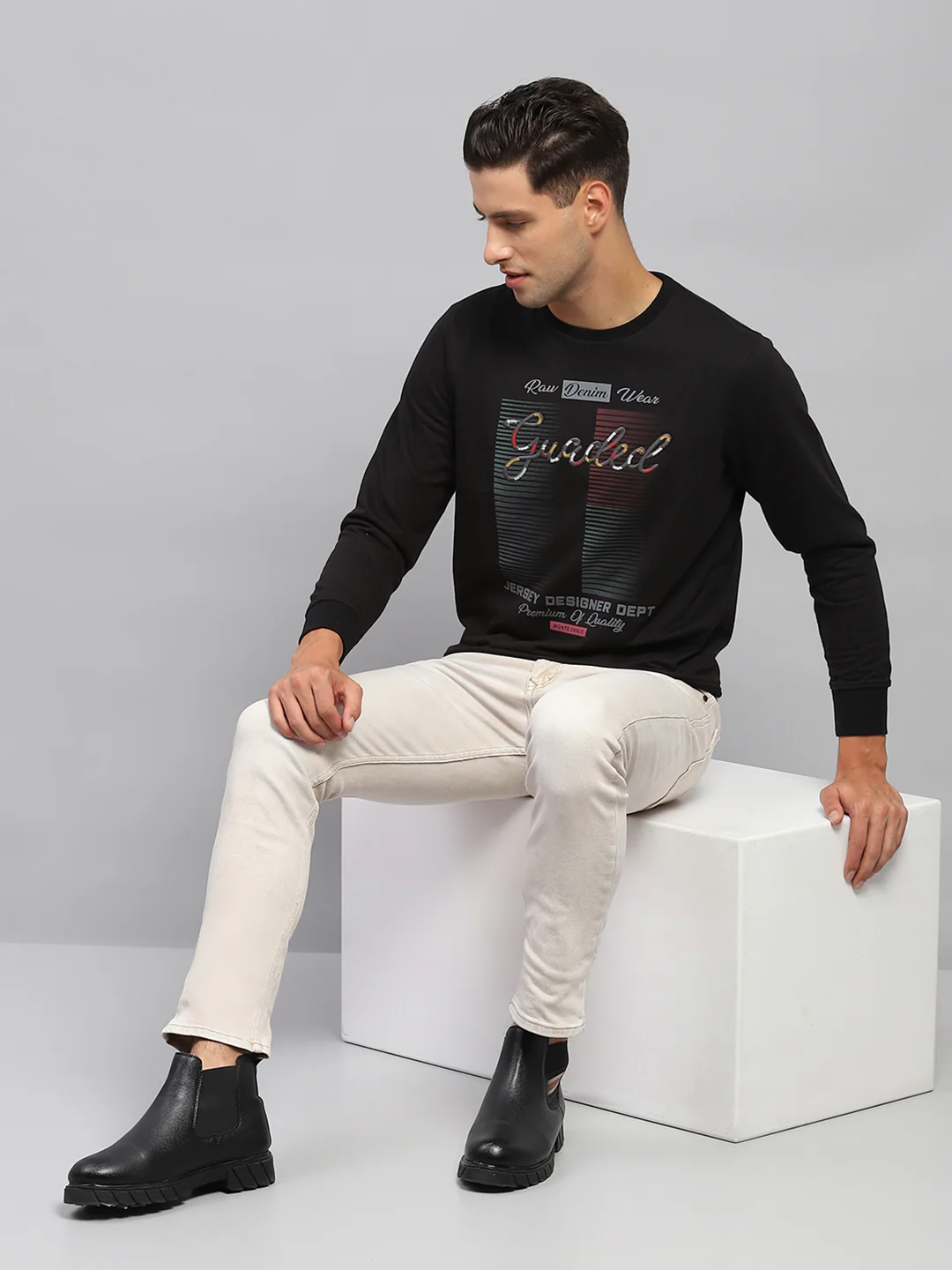 Men Black Printed Round Neck Full Sleeve Sweatshirt