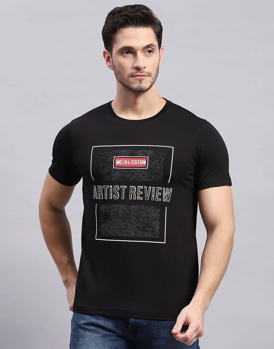 Men Black Printed Round Neck Half Sleeve T-Shirt