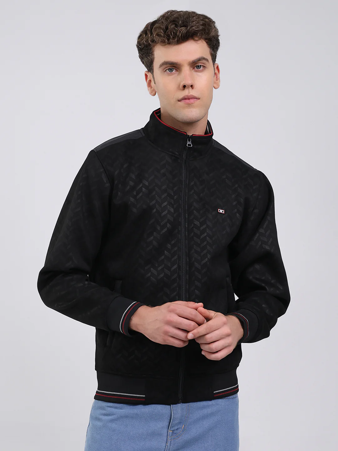 Men Black Self Design Full Sleeve Sweatshirt with Jacket Vibe