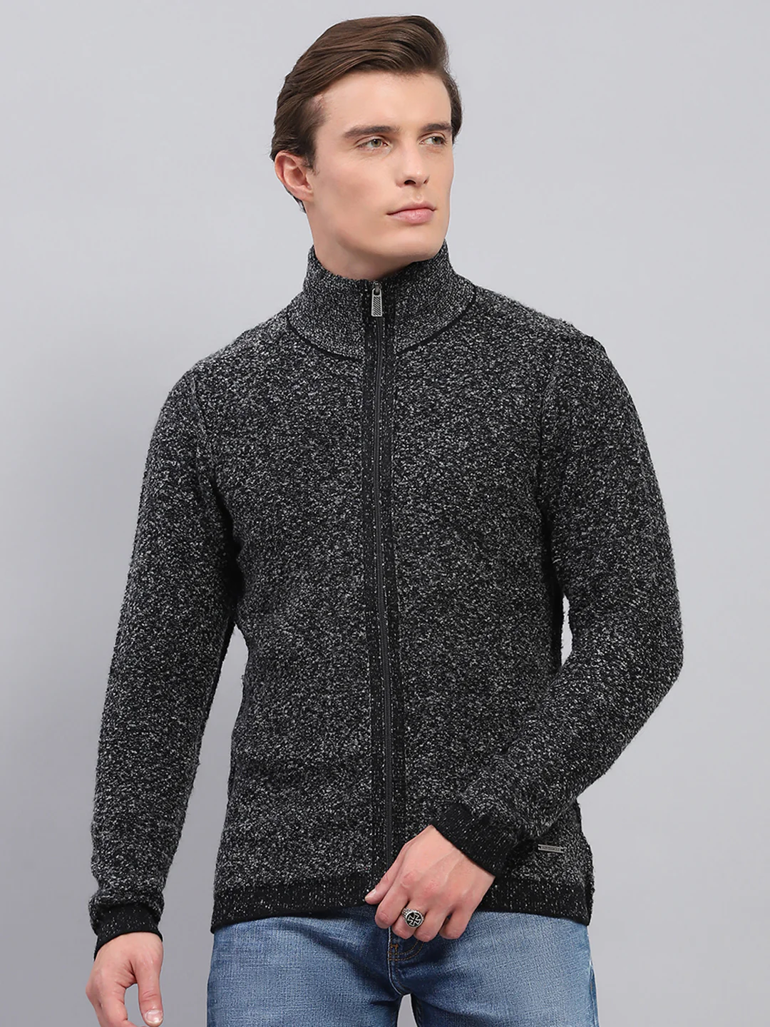 Men Black Self Design High Neck Full Sleeve Pullover