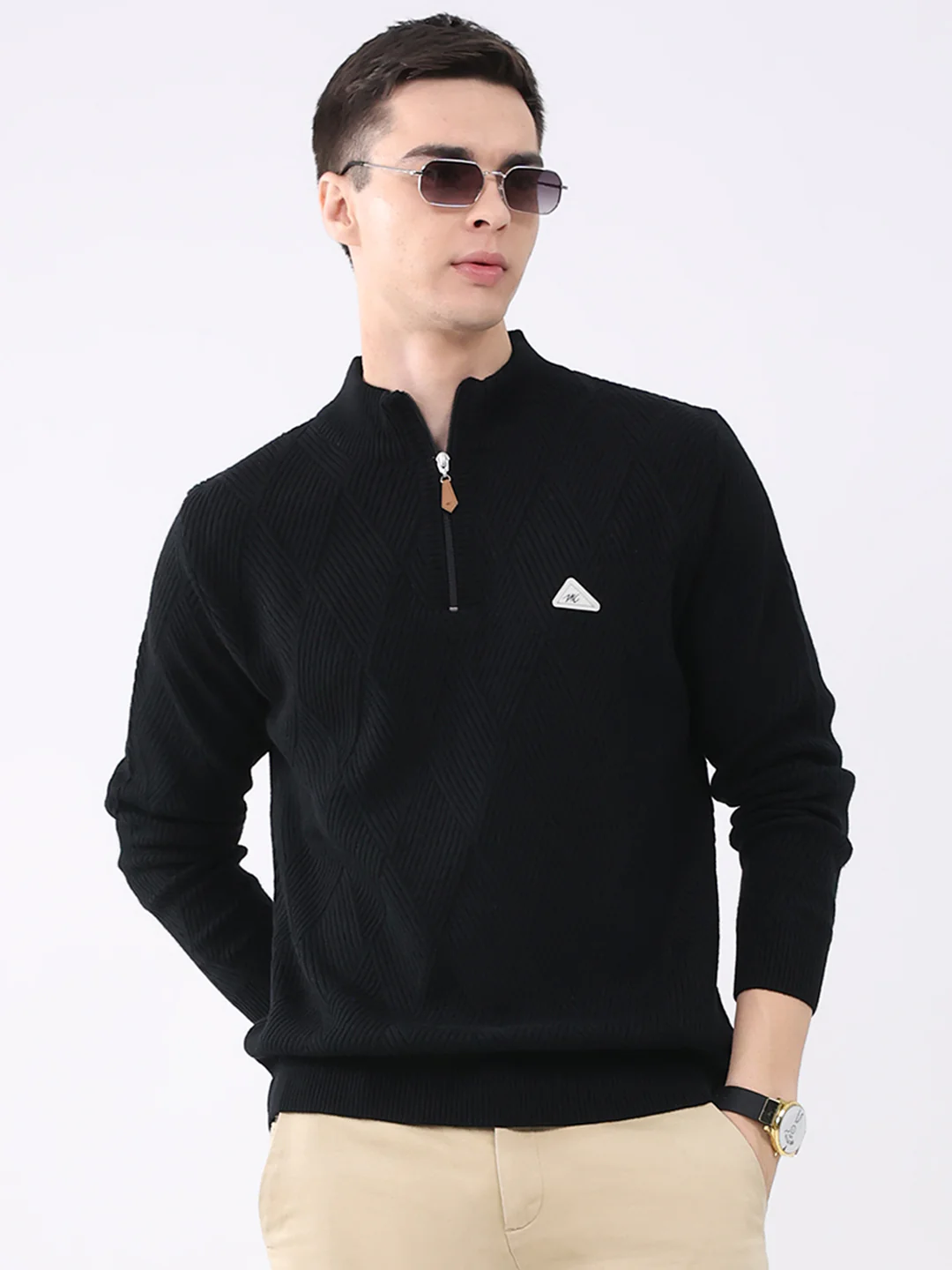 Men Black Self Design Mock Neck Full Sleeve Pullover