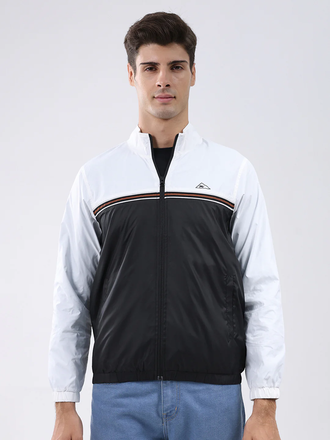 Men Black Self Design Stand Collar Full Sleeve Jacket