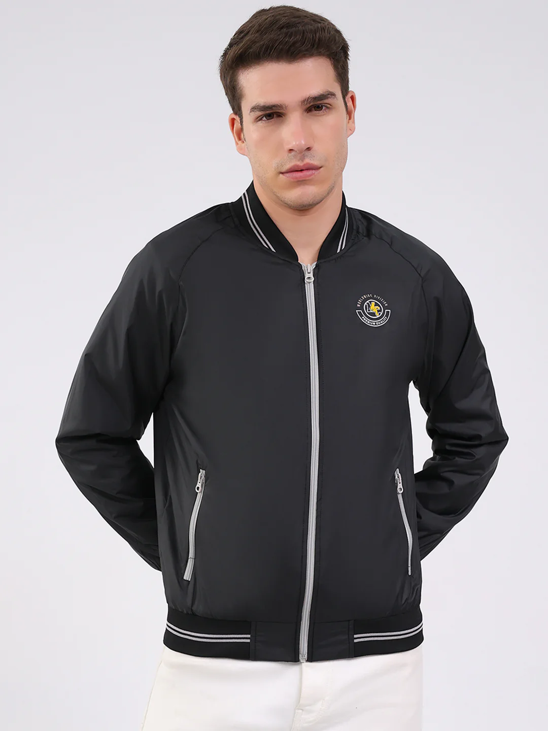 Men Black Solid Mock Neck Full Sleeve Jacket