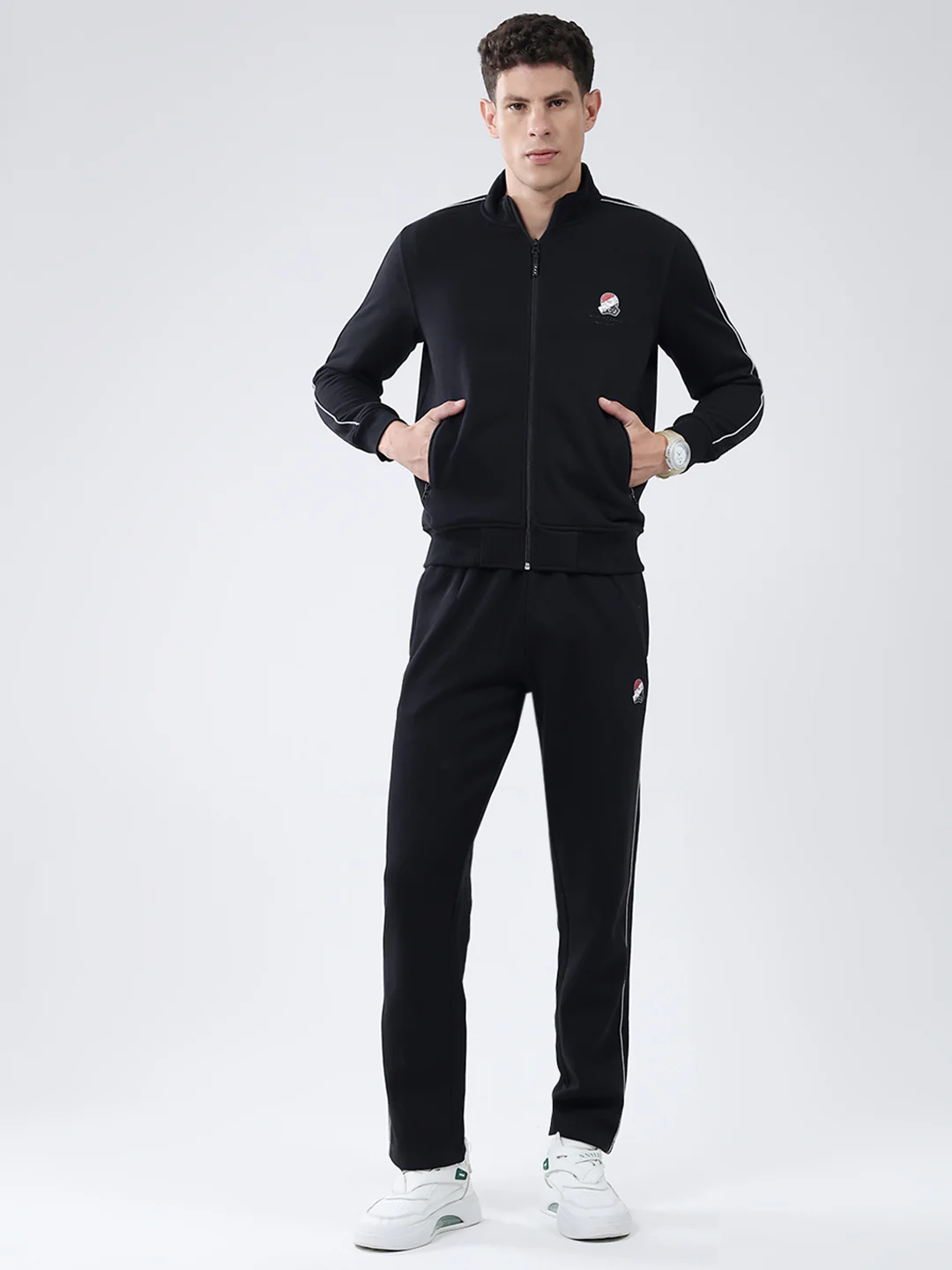 Men Black Solid Mock Neck Full Sleeve Winter Tracksuit