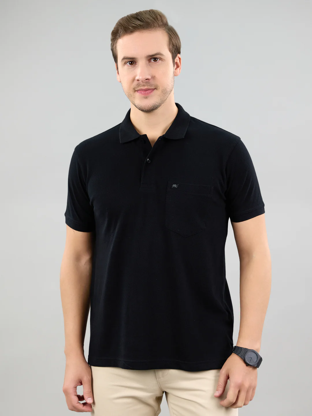 Men Black Solid Polo Collar Half Sleeve T-Shirt