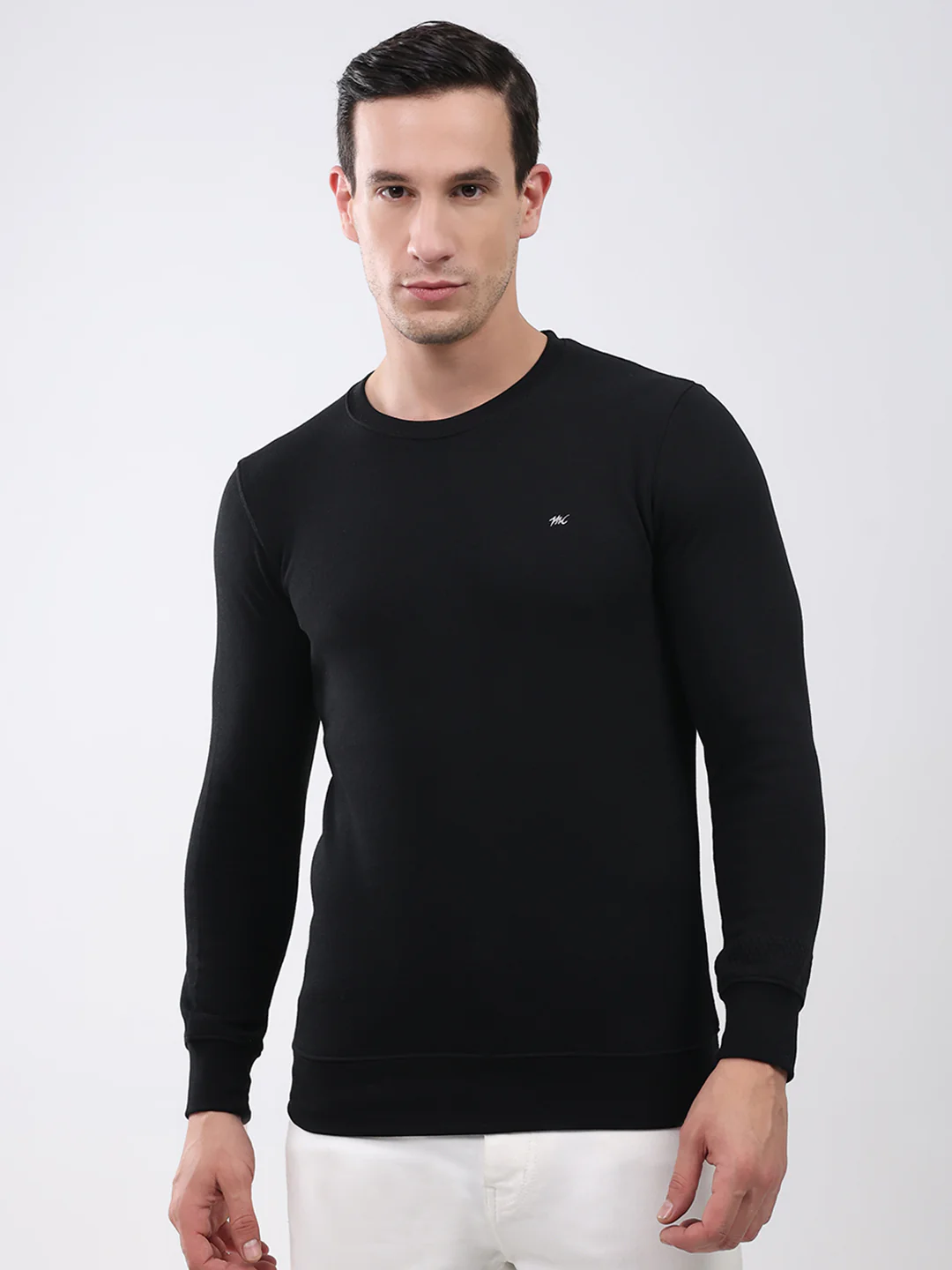 Men Black Solid Round Neck Full Sleeve Winter T-Shirt