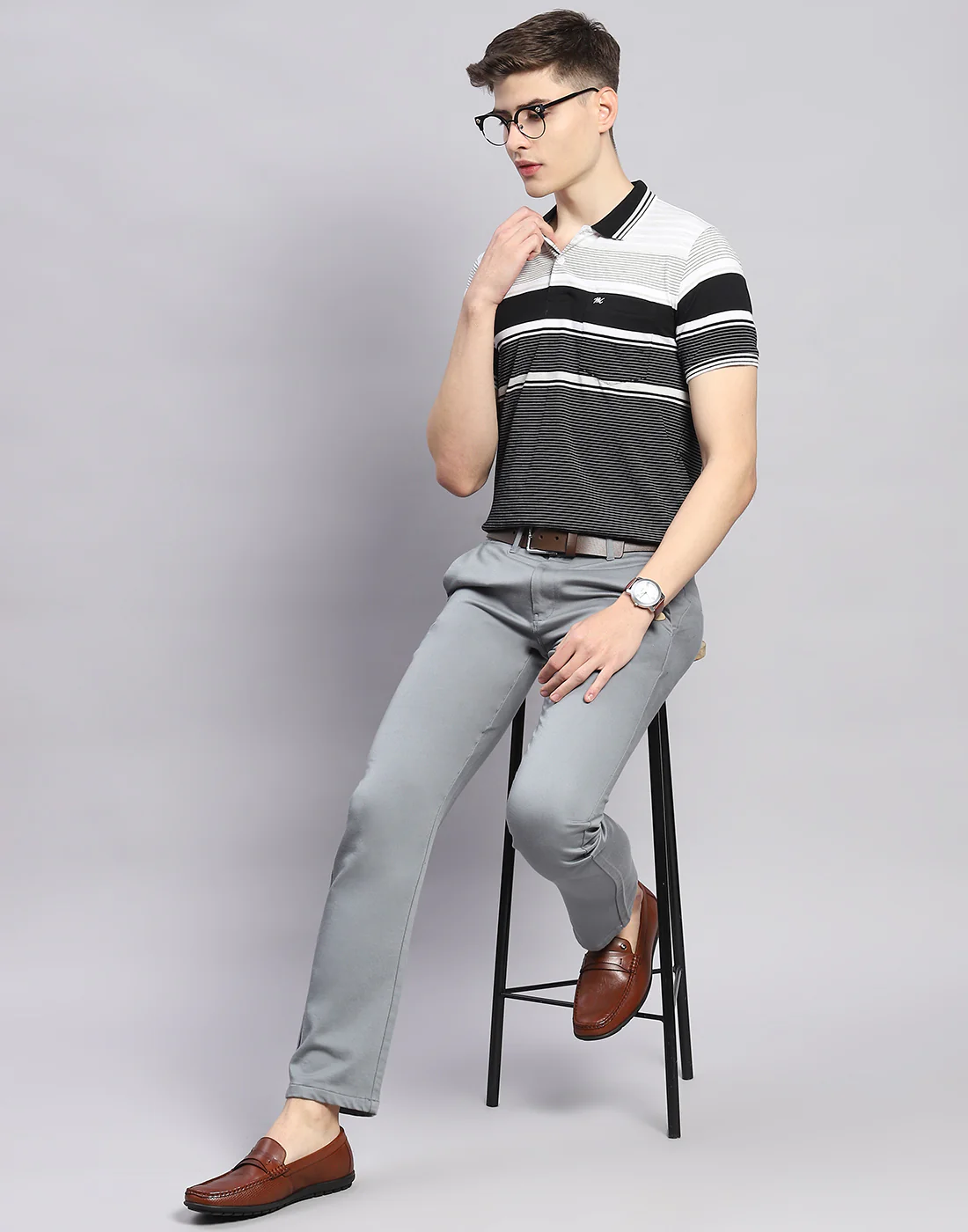 Men Black Stripe Polo Collar Half Sleeve T-Shirt