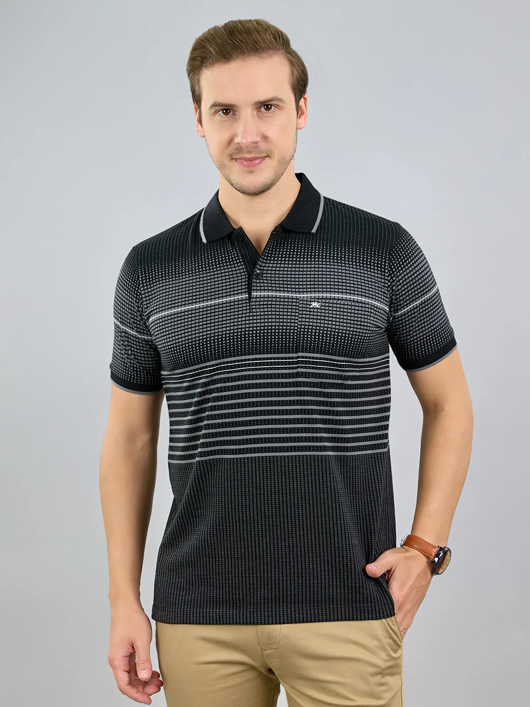 Men Black Stripe Polo Collar Half Sleeve T-Shirt