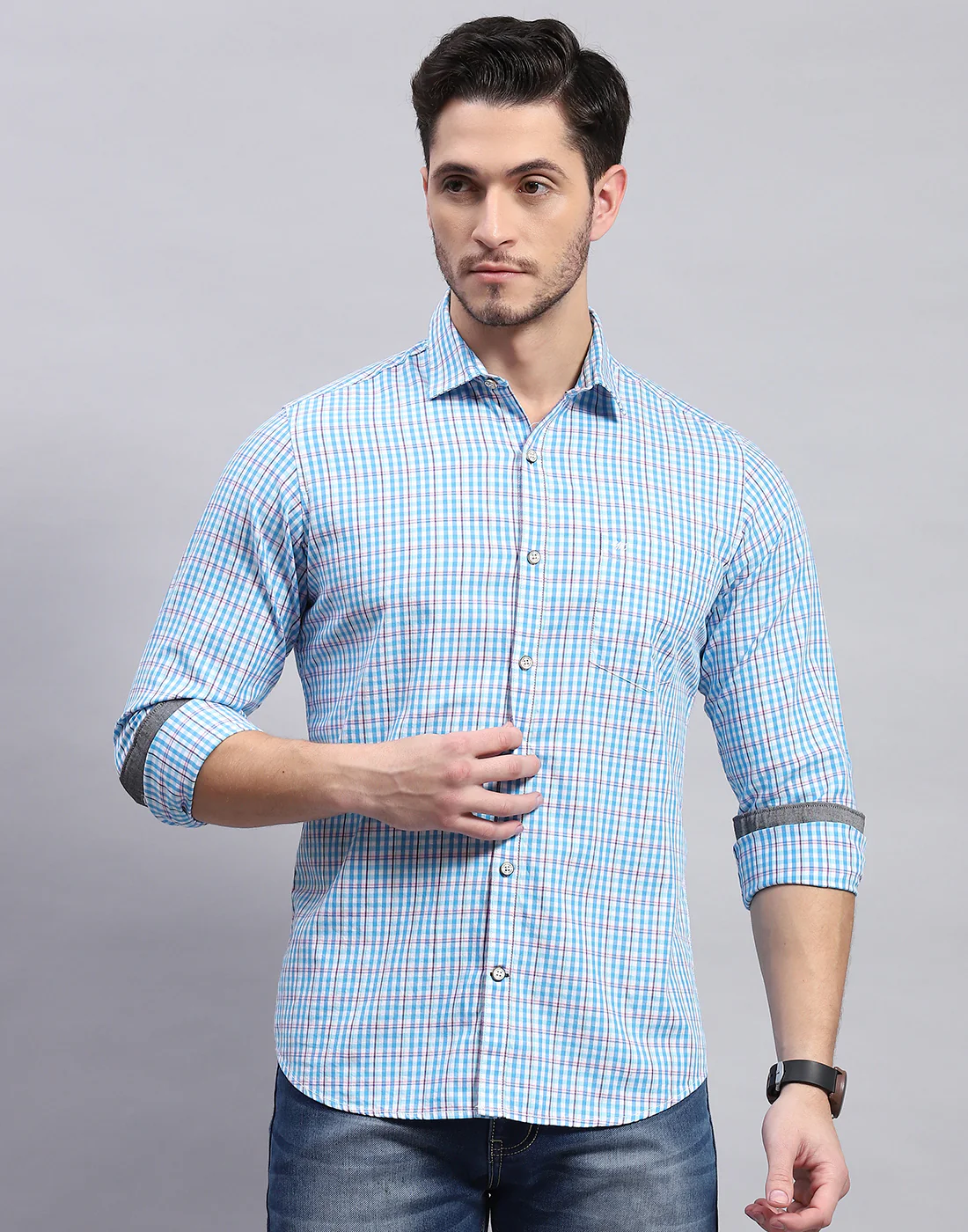Men Blue Check Collar Full Sleeve Shirt