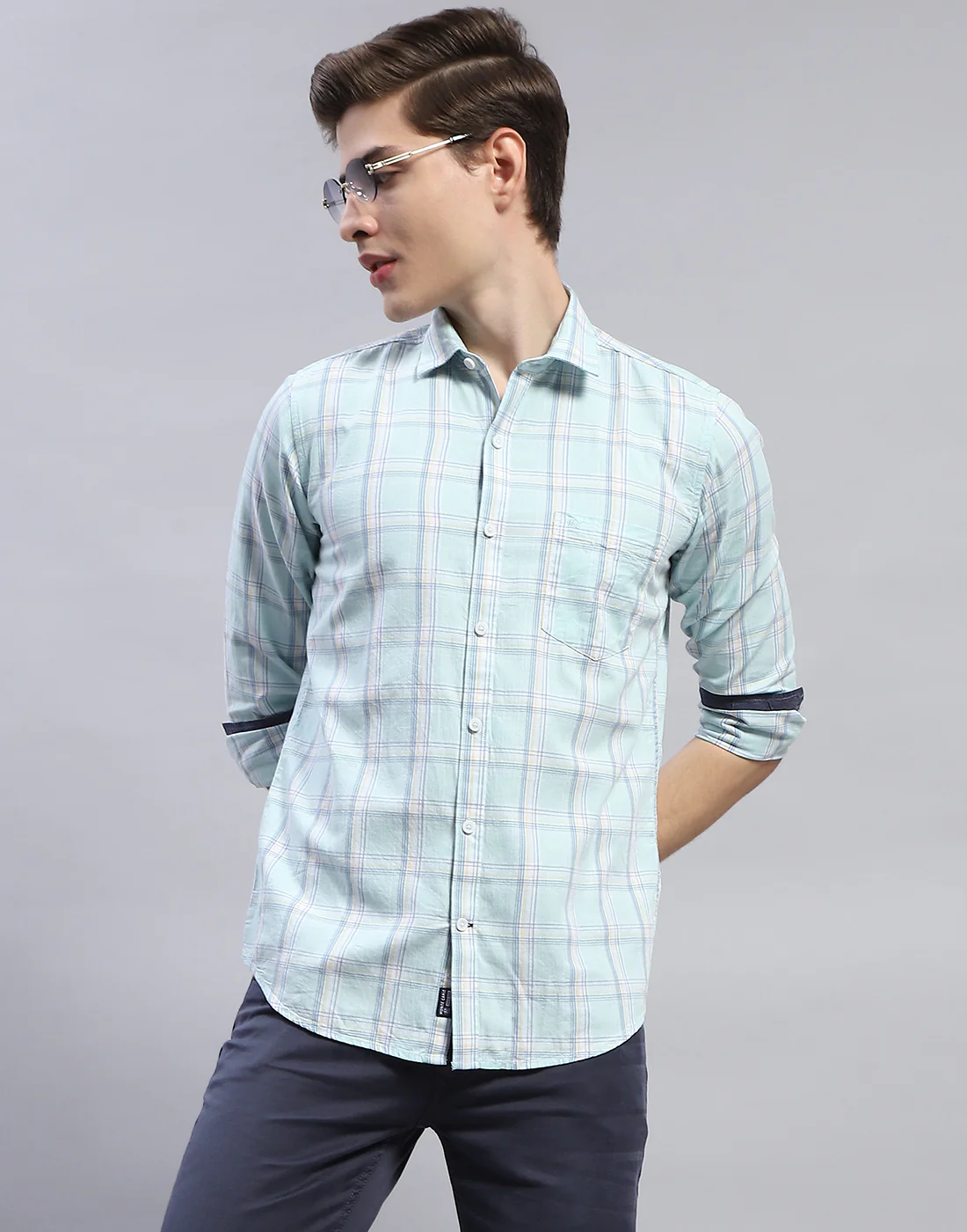 Men Blue Check Collar Full Sleeve Shirt