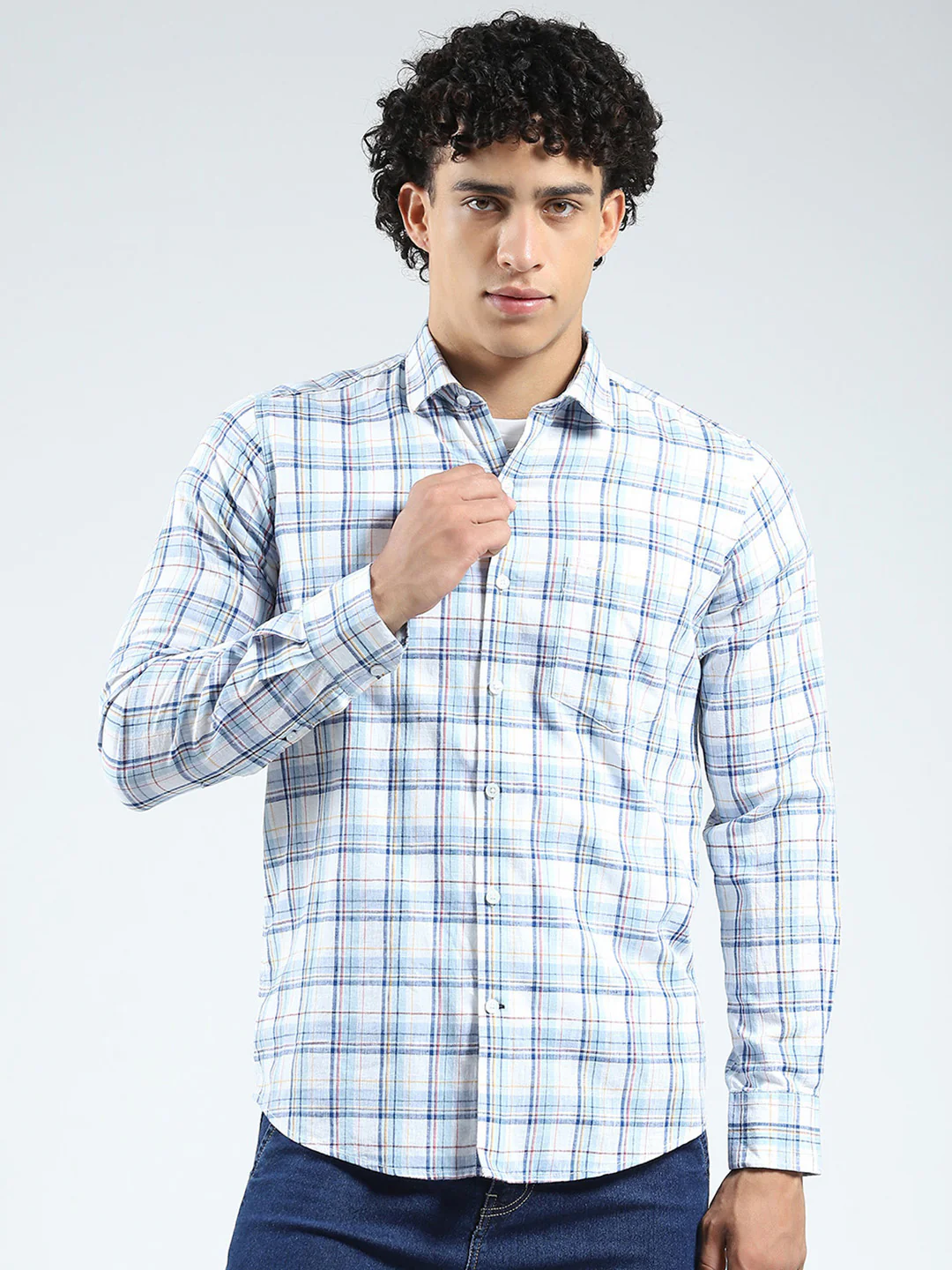 Men Blue Check Collar Full Sleeve Linen Shirt