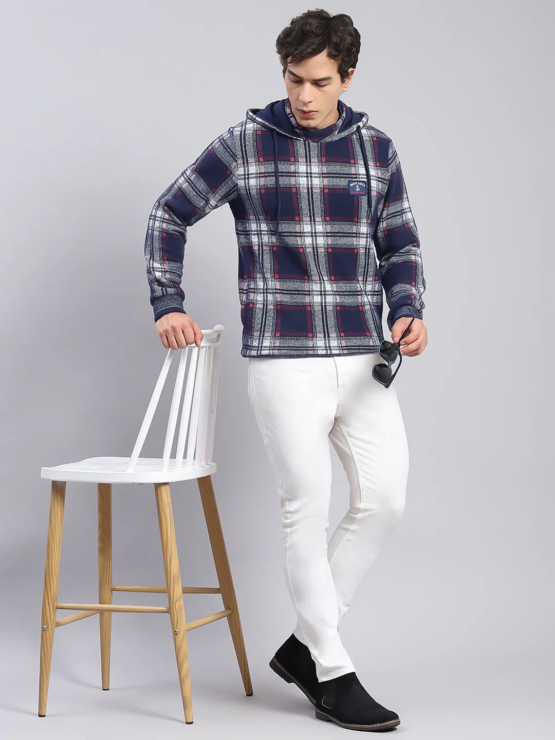 Men Blue Check Hooded Full Sleeve Sweatshirts