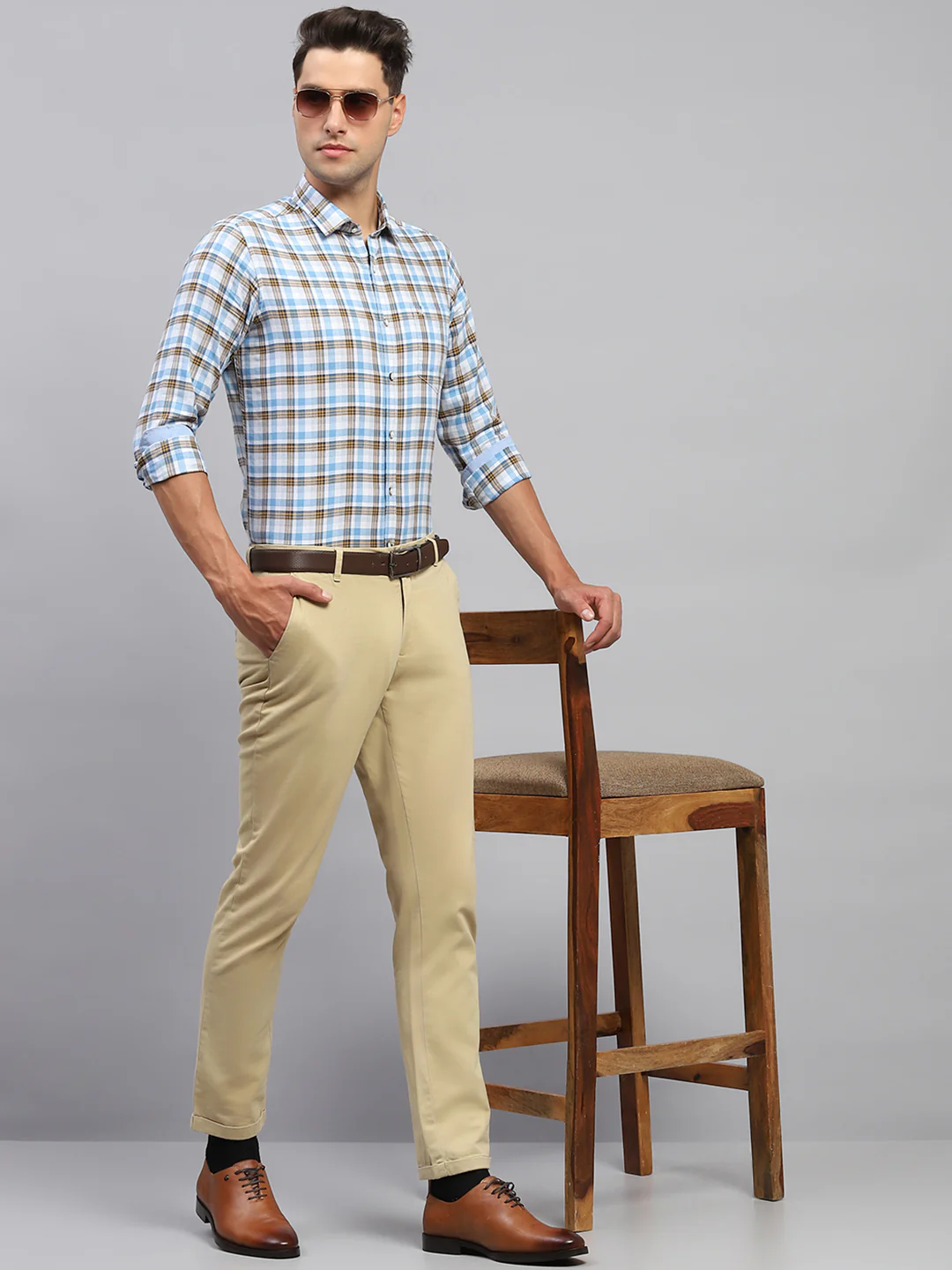 Men Blue Check Spread Collar Full Sleeve Shirt
