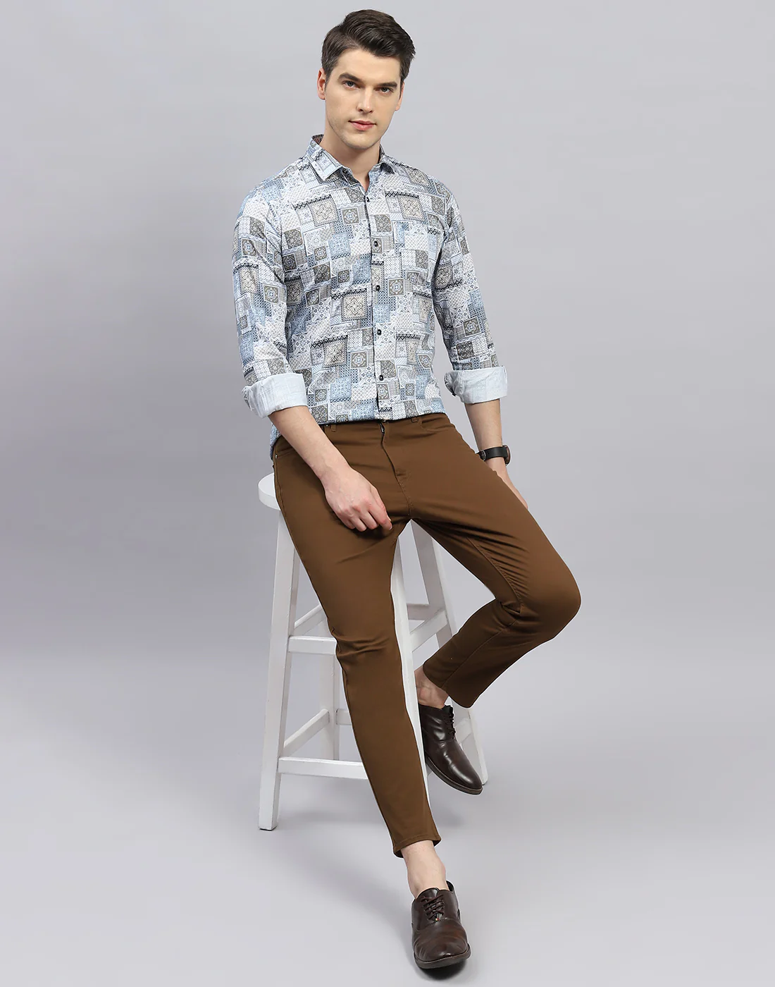 Men Blue Printed Collar Full Sleeve Shirt - Image 2