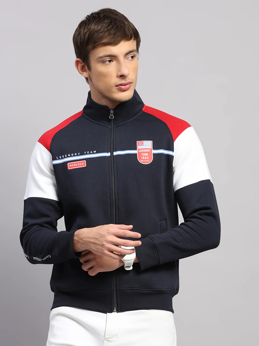 Men Blue Printed Collar Full Sleeve Sweatshirt