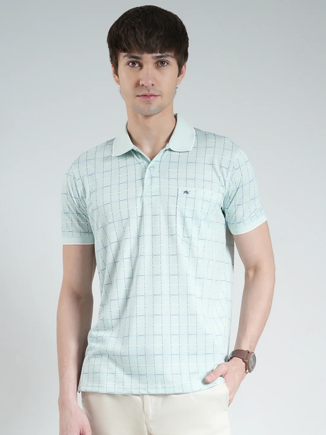 Men Blue Printed Collar Half Sleeve T-Shirt