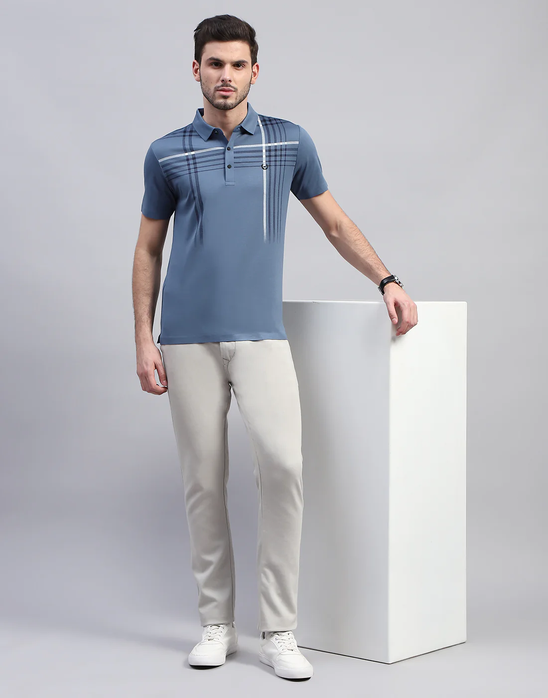 Men Blue Printed Polo Collar Half Sleeve T-Shirt - Image 2