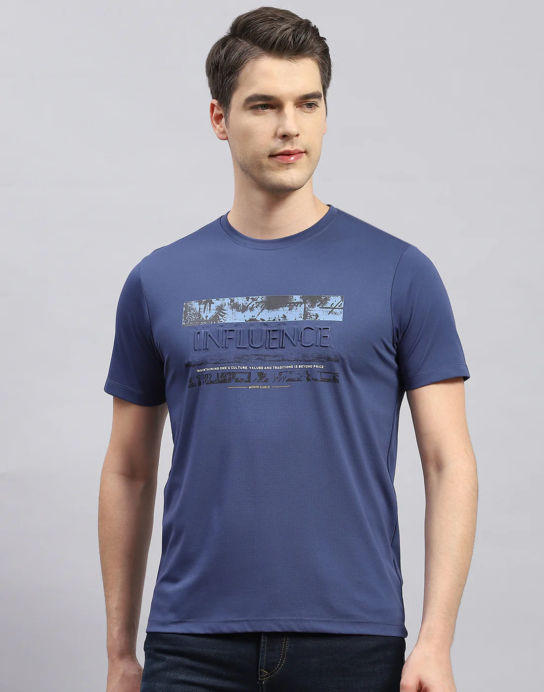 Men Blue Printed Round Neck Half Sleeve T-Shirt