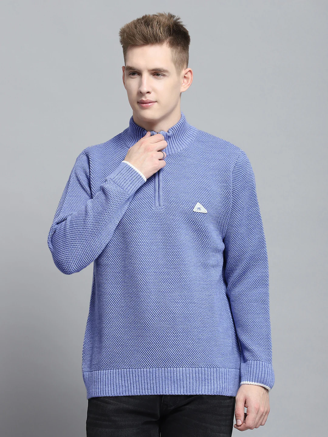 Men Blue Self Design Mock Neck Full Sleeve Pullover