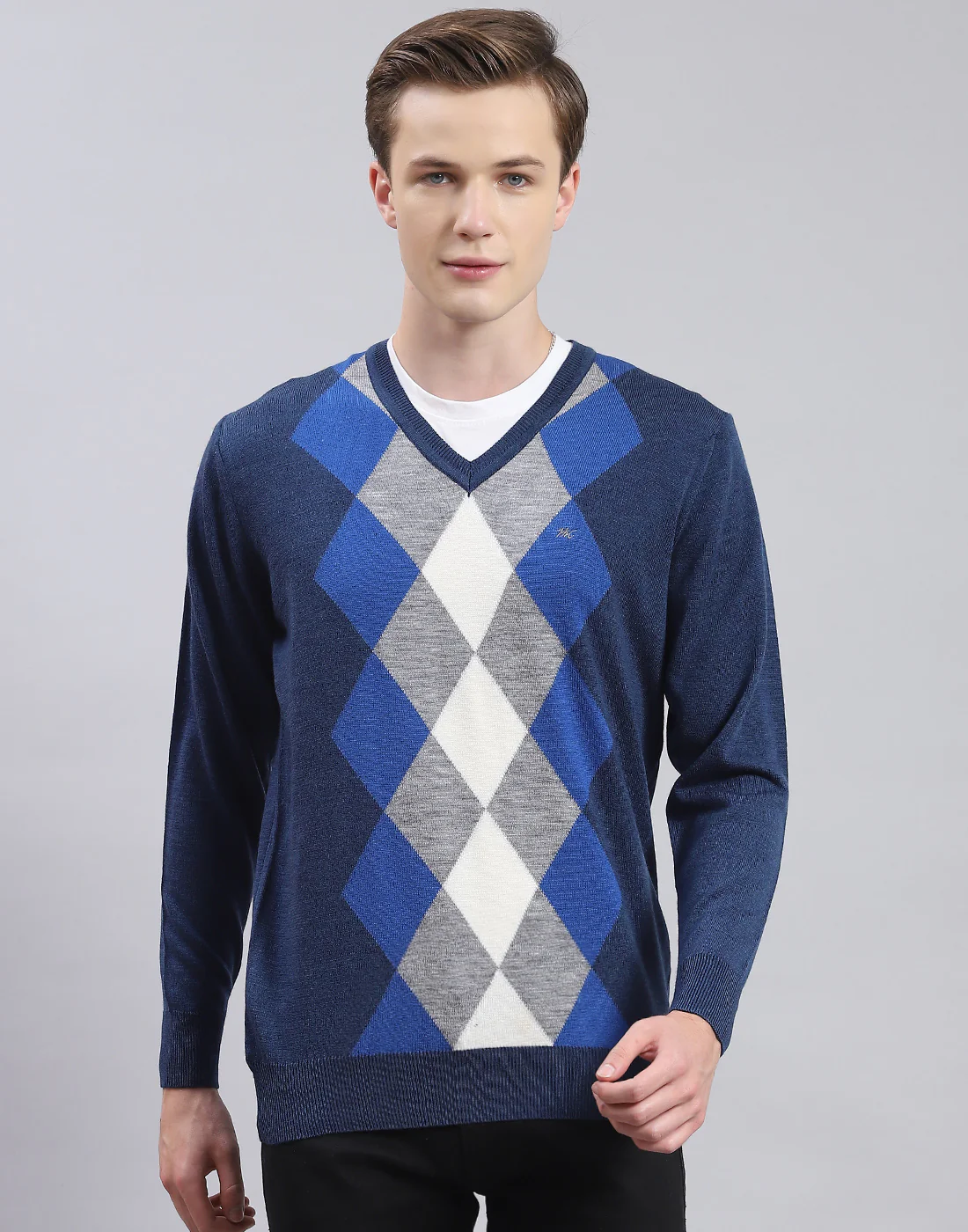 Men Blue Self Design V Neck Full Sleeve Sweater