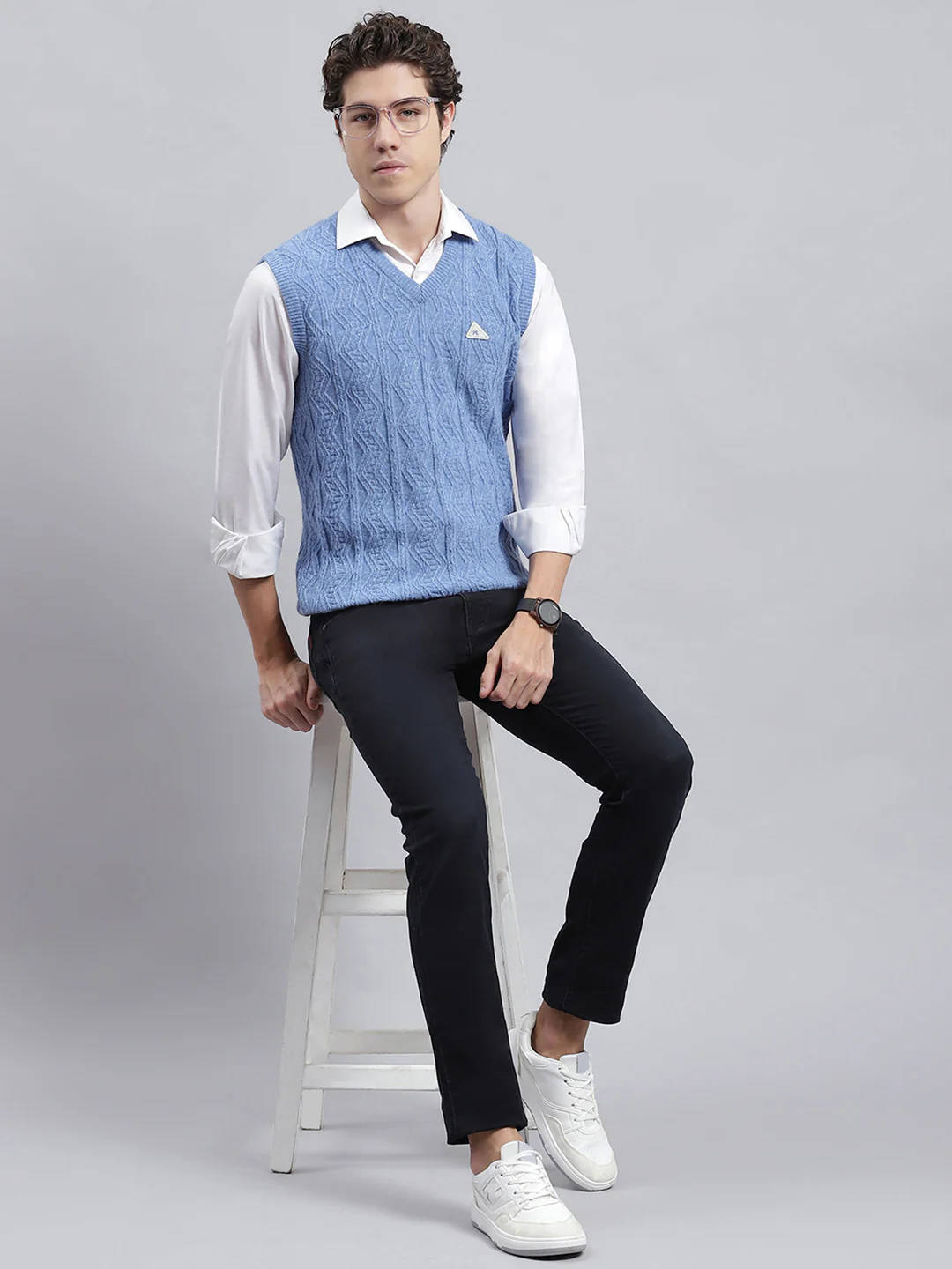 Men Blue Self Sweater