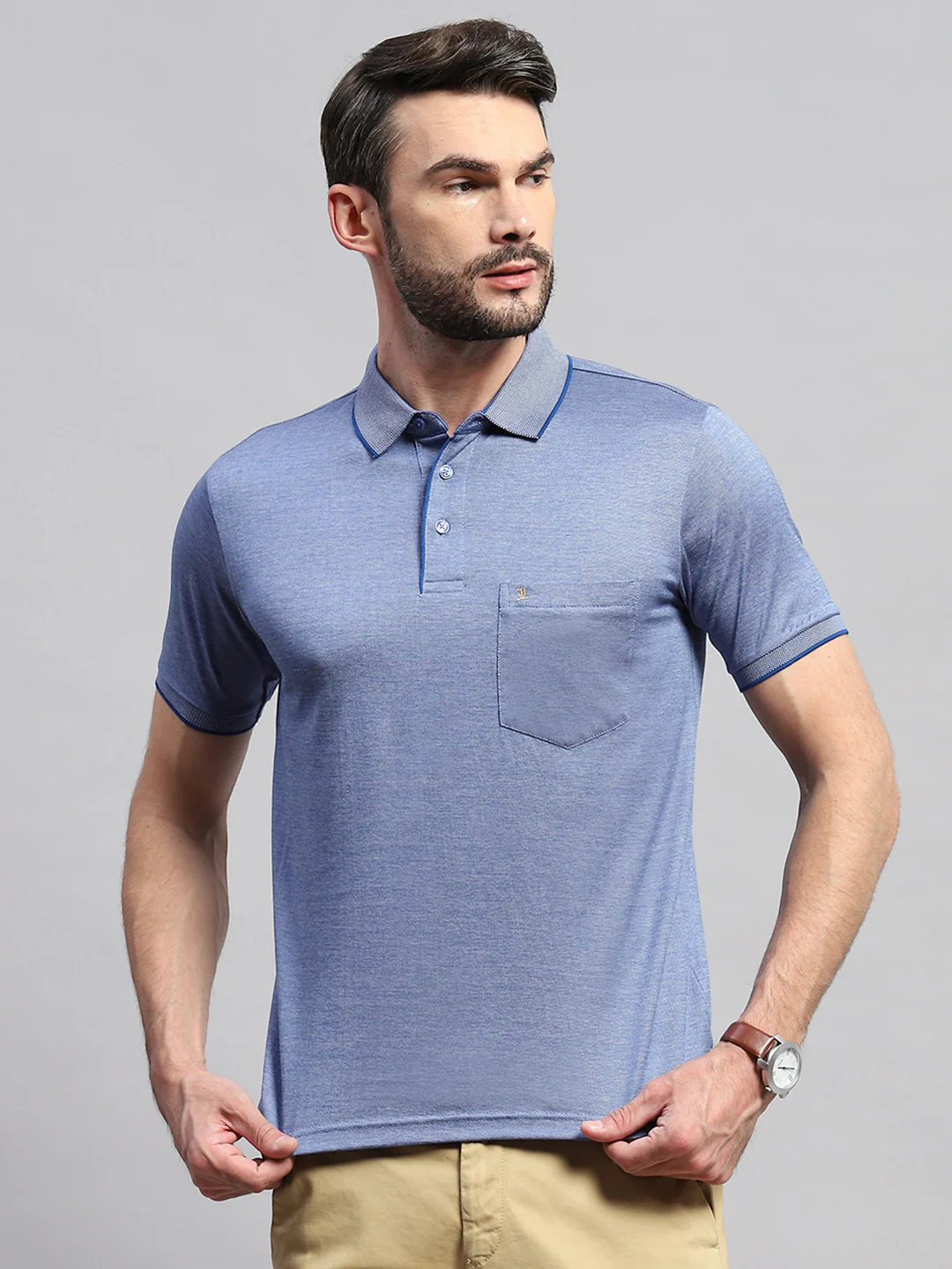 Men Blue Solid Collar Half Sleeve T-Shirt - Image 2