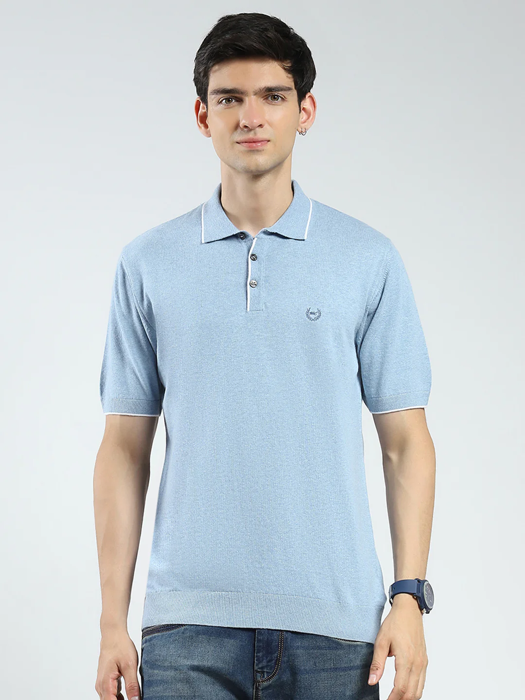 Men Blue Solid Collar Half Sleeve T-Shirt