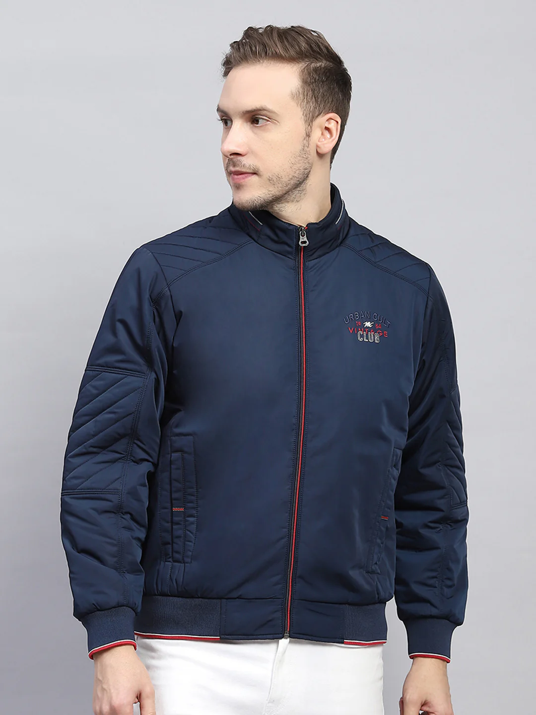 Men Blue Solid Mock Neck Full Sleeve Jacket