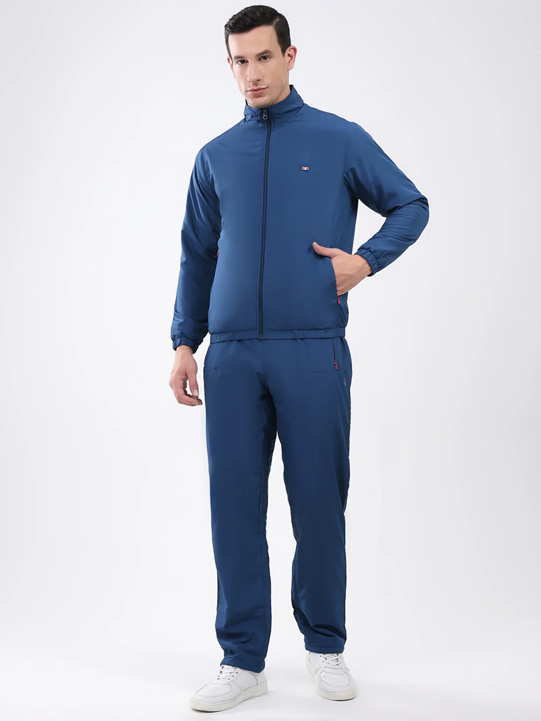 Men Blue Solid Mock Neck Full Sleeve Winter Tracksuit