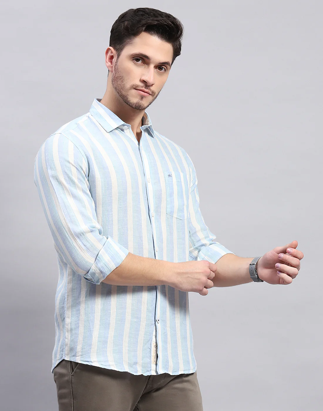 Men Blue Stripe Collar Full Sleeve Linen Shirt