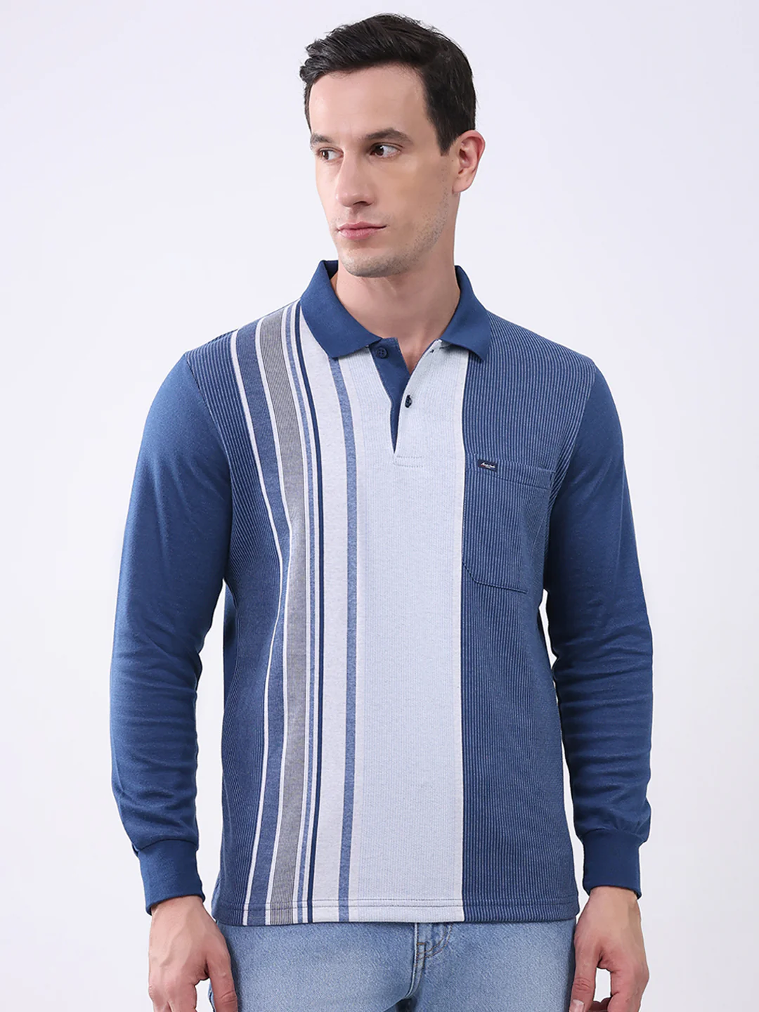Men Blue Stripe Collar Full Sleeve Winter T-Shirt