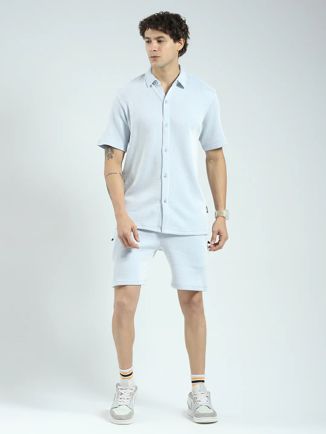 Rock.it Men Blue Stripe Collar Half Sleeve Cords Set