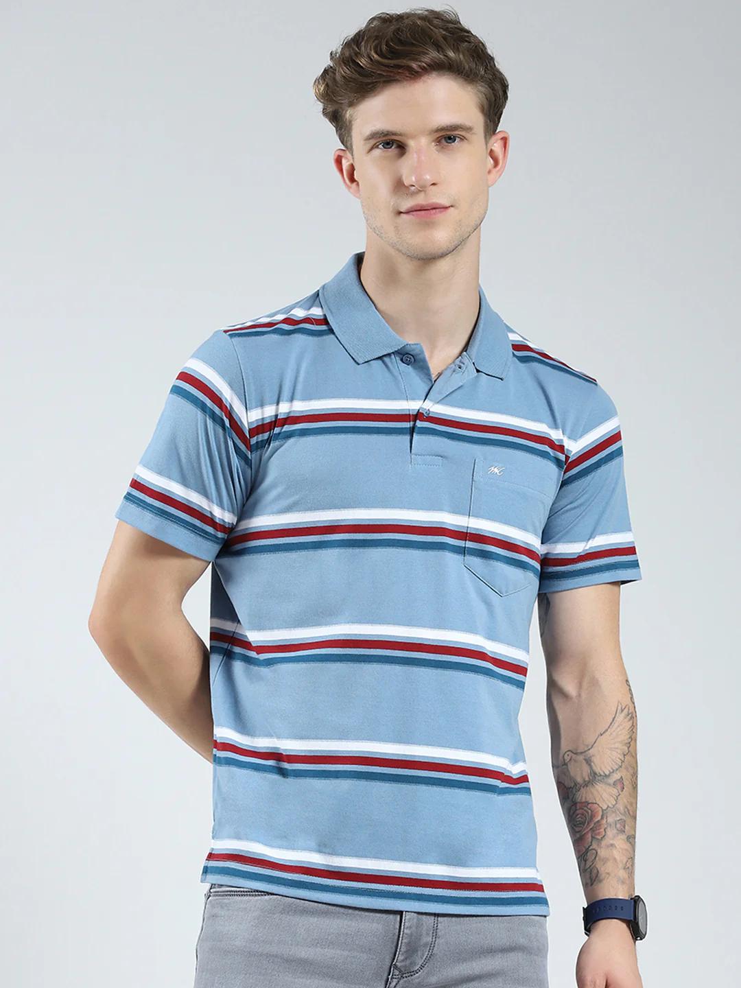 Men Blue Stripe Collar Half Sleeve T-Shirt