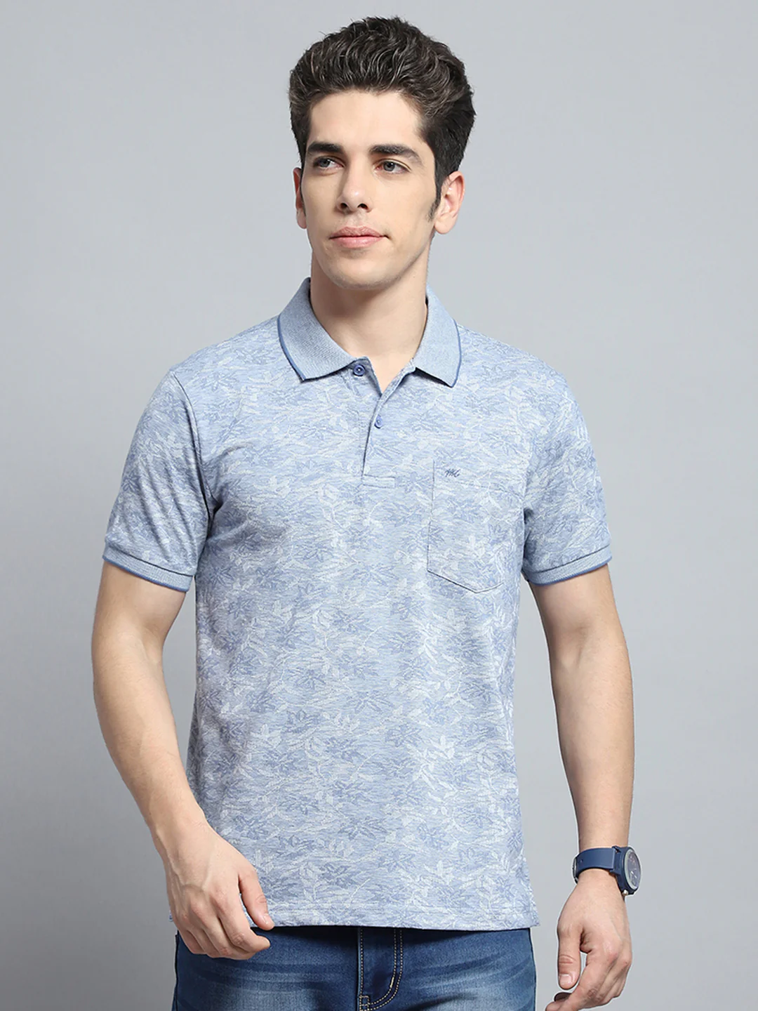 Men Blue Stripe Collar Half Sleeve T-Shirt