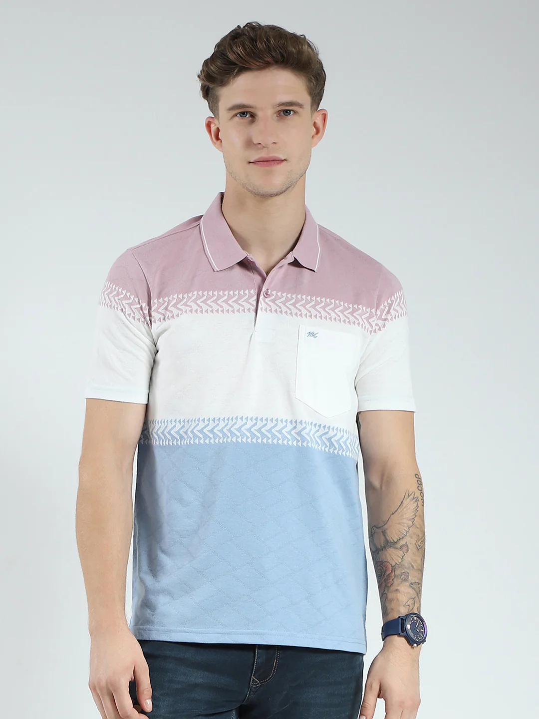 Men Blue Stripe Collar Half Sleeve T-Shirt