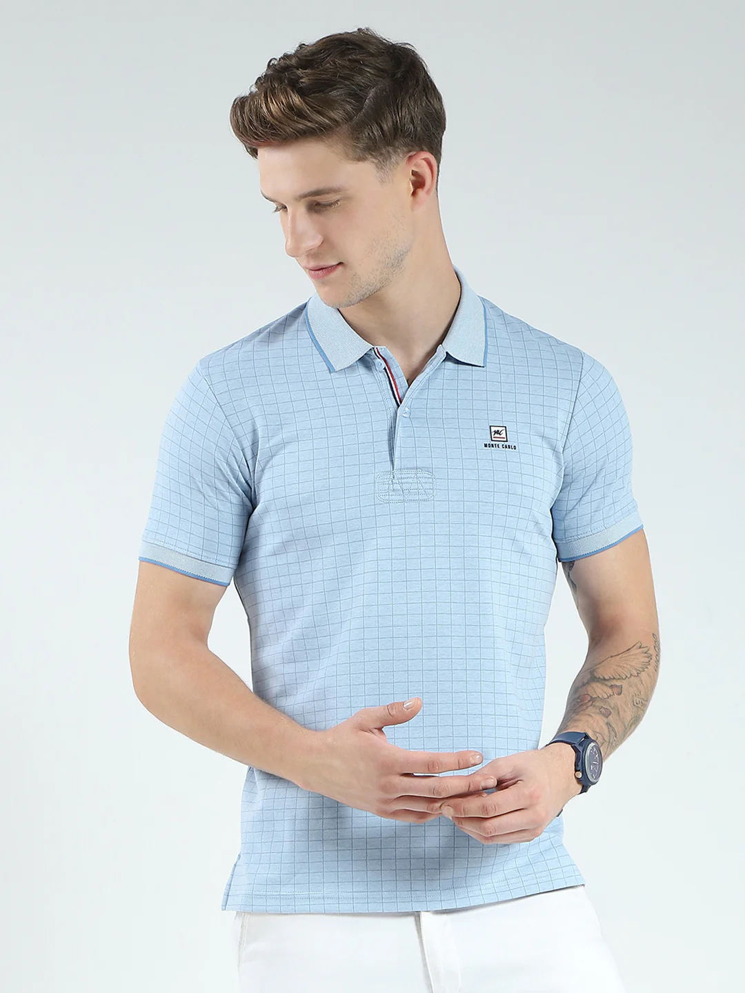 Men Blue Stripe Collar Half Sleeve T-Shirt