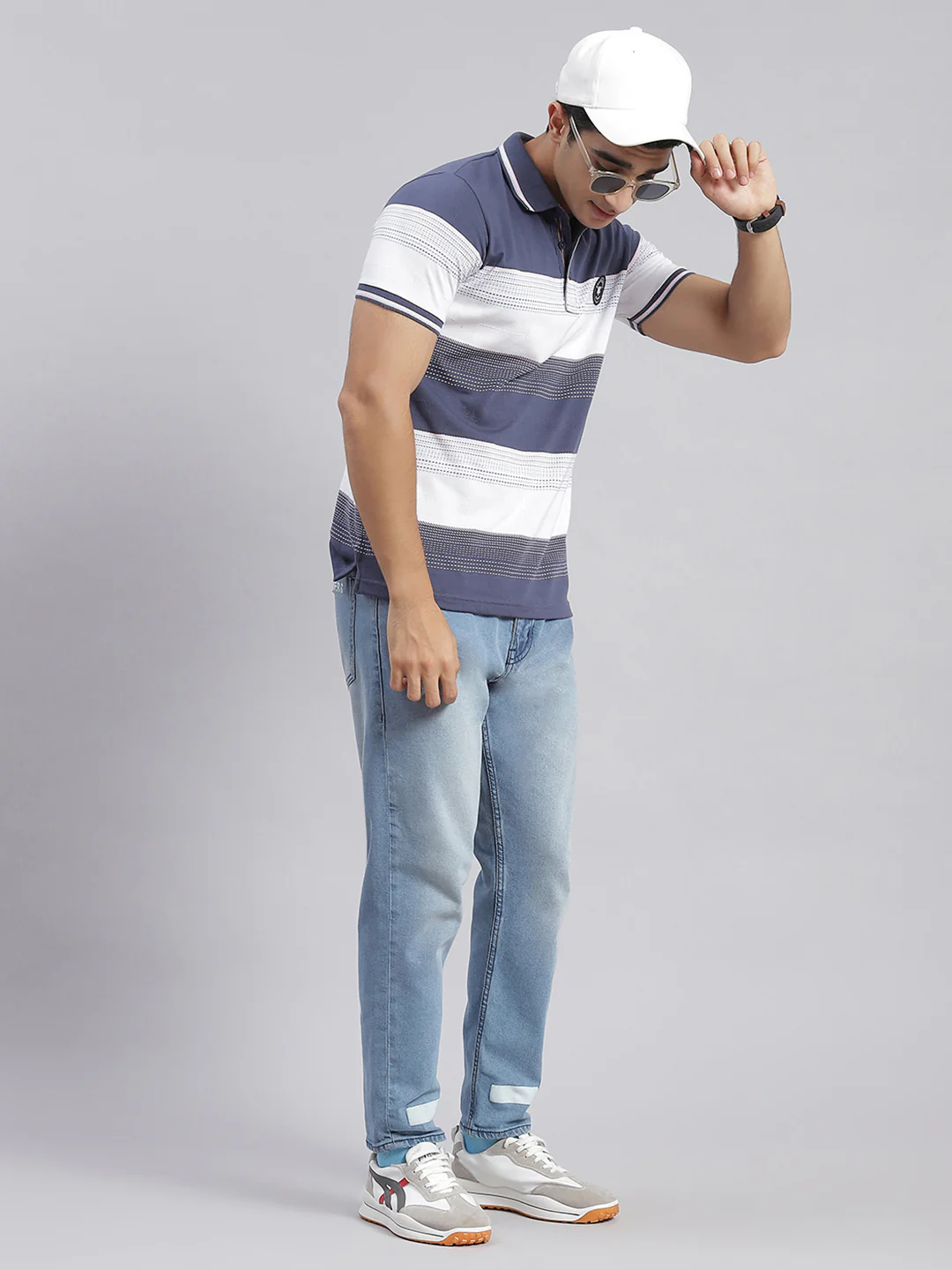 Men Blue Stripe Collar Half Sleeve T-Shirts