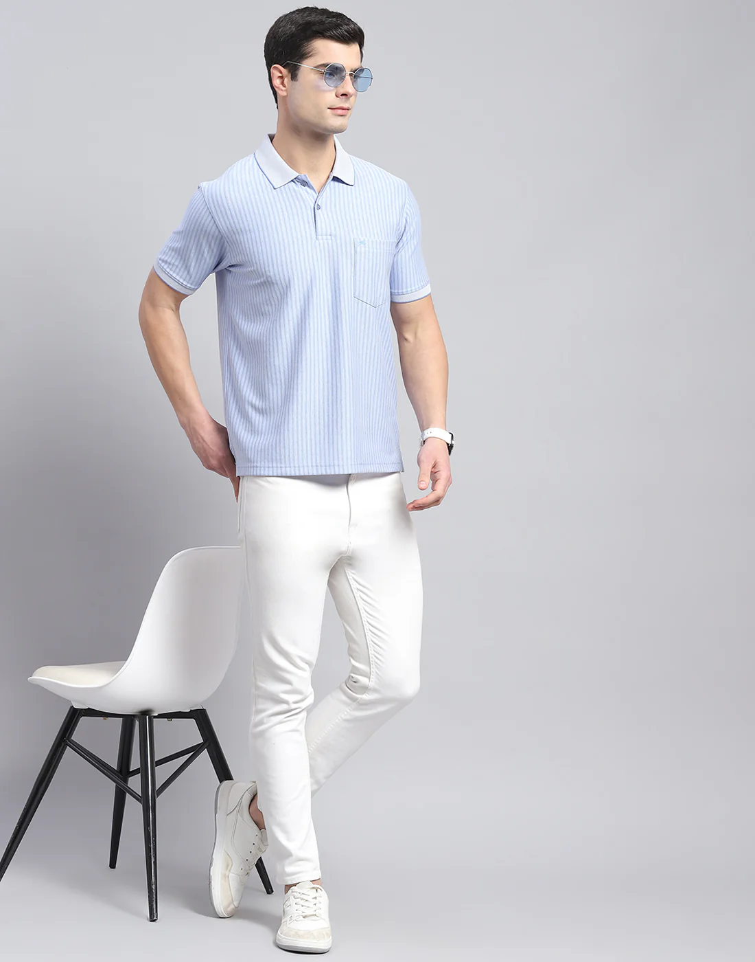 Men Blue Stripe Polo Collar Half Sleeve T-Shirt