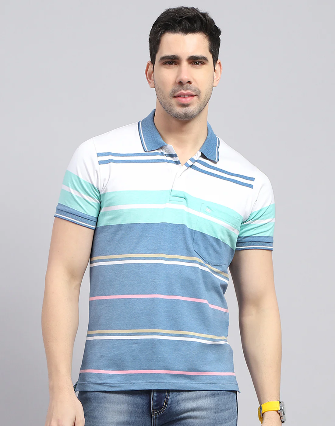 Men Blue Stripe Polo Collar Half Sleeve T-Shirt