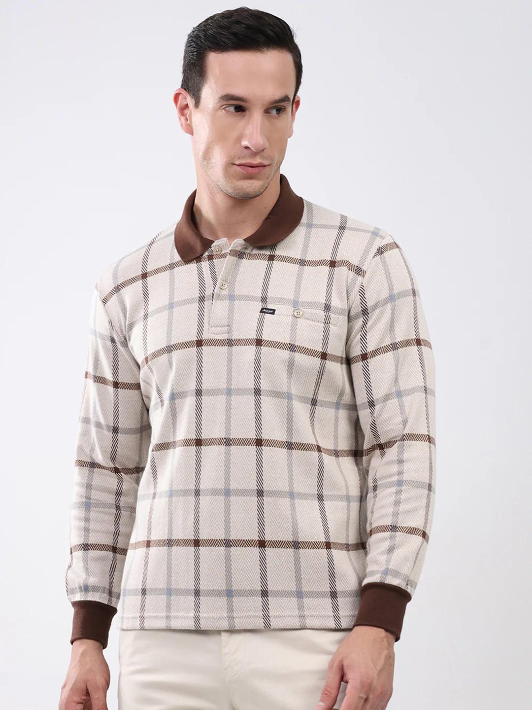 Men Brown Abstract Collar Full Sleeve Winter T-Shirt
